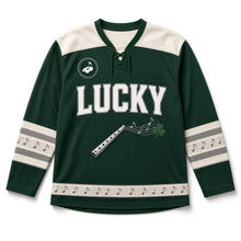 Load image into Gallery viewer, Tin Whistle St. Patrick's Day Hockey Jersey in Whistle Pine Green, front view – custom name and number