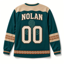 Load image into Gallery viewer, Triskele Spiral St. Patrick's Day Hockey Jersey in Spiral Jade, back view with your name and number