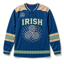 Load image into Gallery viewer, Triskele Spiral St. Patrick's Day Hockey Jersey in Spiral Ocean, front view – custom name and number