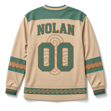 Load image into Gallery viewer, Triskele Spiral St. Patrick's Day Hockey Jersey in Spiral Sand, back view with your name and number