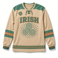 Load image into Gallery viewer, Triskele Spiral St. Patrick's Day Hockey Jersey in Spiral Sand, front view – custom name and number