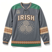 Load image into Gallery viewer, Triskele Spiral St. Patrick's Day Hockey Jersey in Spiral Slate, front view – custom name and number
