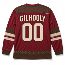 Load image into Gallery viewer, Wren on Holly Hedge St. Patrick's Day Hockey Jersey in Wren Berry Red, back view with your name and number