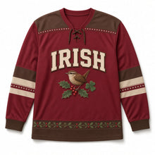 Load image into Gallery viewer, Wren on Holly Hedge St. Patrick's Day Hockey Jersey in Wren Berry Red, front view – custom name and number