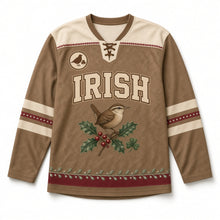 Load image into Gallery viewer, Wren on Holly Hedge St. Patrick's Day Hockey Jersey in Wren Hazel Brown, front view – custom name and number