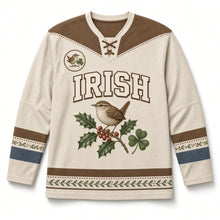 Load image into Gallery viewer, Wren on Holly Hedge St. Patrick's Day Hockey Jersey in Wren Oatmeal, front view – custom name and number