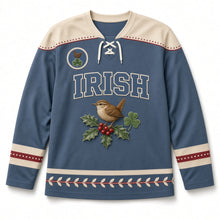 Load image into Gallery viewer, Wren on Holly Hedge St. Patrick's Day Hockey Jersey in Wren Slate Blue, front view – custom name and number