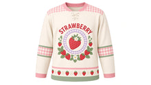 Load image into Gallery viewer, Strawberry Patch Picnic Original Hockey Jersey in Picnic Cream, front view – ripe strawberries and blossoms with gingham check and strawberry crest, custom name and number