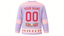 Load image into Gallery viewer, Strawberry Patch Picnic Original Hockey Jersey in Lilac Blossom, back view with your name and number – gingham-check yoke and sleeve bands