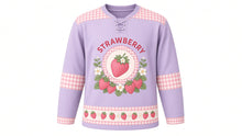 Load image into Gallery viewer, Strawberry Patch Picnic Original Hockey Jersey in Lilac Blossom, front view – ripe strawberries and blossoms with gingham check and strawberry crest, custom name and number