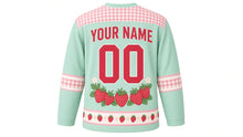 Load image into Gallery viewer, Strawberry Patch Picnic Original Hockey Jersey in Mint Leaf, back view with your name and number – gingham-check yoke and sleeve bands