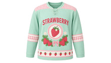 Load image into Gallery viewer, Strawberry Patch Picnic Original Hockey Jersey in Mint Leaf, front view – ripe strawberries and blossoms with gingham check and strawberry crest, custom name and number