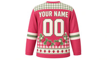 Load image into Gallery viewer, Strawberry Patch Picnic Original Hockey Jersey in Berry Pink, back view with your name and number – gingham-check yoke and sleeve bands