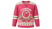 Load image into Gallery viewer, Strawberry Patch Picnic Original Hockey Jersey in Berry Pink, front view – ripe strawberries and blossoms with gingham check and strawberry crest, custom name and number