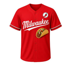 Load image into Gallery viewer, Street Tacos Milwaukee Baseball Jersey in Salsa Red, front view – folded street tacos with cilantro and salsa graphic, custom name and number
