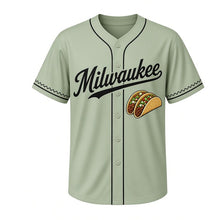 Load image into Gallery viewer, Street Tacos Milwaukee Baseball Jersey in Cilantro Sage, front view – folded street tacos with cilantro and salsa graphic, custom name and number