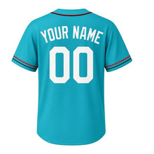 Load image into Gallery viewer, Street Tacos Milwaukee Baseball Jersey in Fiesta Turquoise, back view with your name and number – custom block name and number with zigzag sleeves