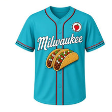 Load image into Gallery viewer, Street Tacos Milwaukee Baseball Jersey in Fiesta Turquoise, front view – folded street tacos with cilantro and salsa graphic, custom name and number