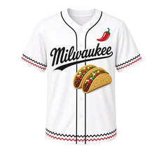 Load image into Gallery viewer, Street Tacos Milwaukee Baseball Jersey in Tortilla White, front view – folded street tacos with cilantro and salsa graphic, custom name and number