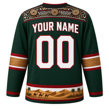 Load image into Gallery viewer, Sudan Original Hockey Jersey in Date Palm Green, back view with your name and number – Nubian painted-wall yoke and palm-frond weave sleeve bands