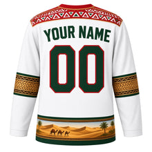 Load image into Gallery viewer, Sudan Original Hockey Jersey in Nile White, back view with your name and number – Nubian painted-wall yoke and palm-frond weave sleeve bands