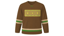 Load image into Gallery viewer, Sukkot Original Hockey Jersey in Brown, front view with woven palm-frond and leaf chest band – custom name and number