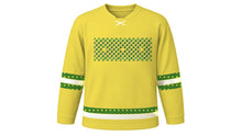 Load image into Gallery viewer, Sukkot Original Hockey Jersey in Citron Yellow, front view with woven palm-frond and leaf chest band – custom name and number