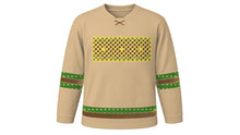 Load image into Gallery viewer, Sukkot Original Hockey Jersey in Natural Tan, front view with woven palm-frond and leaf chest band – custom name and number