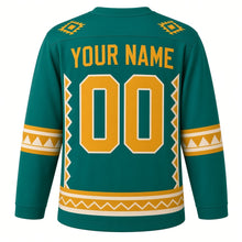 Load image into Gallery viewer, Sun Stone Geometric Original Hockey Jersey in Jade Sun, back view with your name and number – stepped-diamond yoke and zigzag diamond hem stripes