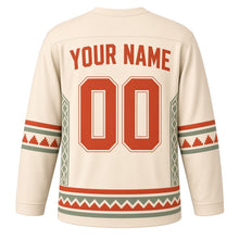 Load image into Gallery viewer, Sun Stone Geometric Original Hockey Jersey in Sandstone Cream, back view with your name and number – stepped-diamond yoke and zigzag diamond hem stripes