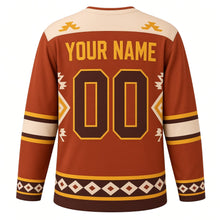 Load image into Gallery viewer, Sun Stone Geometric Original Hockey Jersey in Terracotta Sun, back view with your name and number – stepped-diamond yoke and zigzag diamond hem stripes