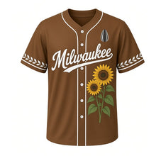 Load image into Gallery viewer, Sunflower Field Milwaukee Baseball Jersey in Seed Brown, front view – two tall sunflowers graphic with sunflower-seed crest, custom name and number
