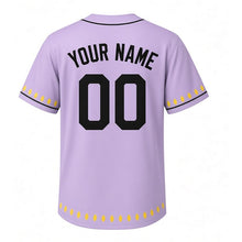 Load image into Gallery viewer, Sunflower Field Milwaukee Baseball Jersey in Lavender Field, back view with your name and number – custom block name and number with petal-stripe sleeves