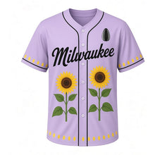 Load image into Gallery viewer, Sunflower Field Milwaukee Baseball Jersey in Lavender Field, front view – two tall sunflowers graphic with sunflower-seed crest, custom name and number