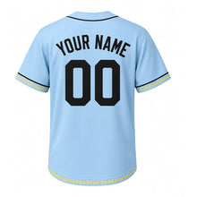 Load image into Gallery viewer, Sunflower Field Milwaukee Baseball Jersey in Summer Sky Blue, back view with your name and number – custom block name and number with petal-stripe sleeves