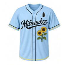 Load image into Gallery viewer, Sunflower Field Milwaukee Baseball Jersey in Summer Sky Blue, front view – two tall sunflowers graphic with sunflower-seed crest, custom name and number