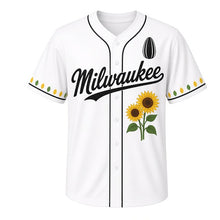 Load image into Gallery viewer, Sunflower Field Milwaukee Baseball Jersey in Daisy White, front view – two tall sunflowers graphic with sunflower-seed crest, custom name and number
