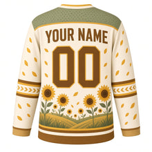 Load image into Gallery viewer, Sunflower Fields Original Hockey Jersey in Harvest Cream, back view with your name and number – seed-dot yoke and petal-chevron sleeve stripes