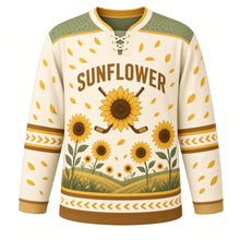 Load image into Gallery viewer, Sunflower Fields Original Hockey Jersey in Harvest Cream, front view – stylized sunflowers over a rolling field with sunflower crest, custom name and number