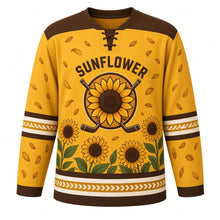 Load image into Gallery viewer, Sunflower Fields Original Hockey Jersey in Sunflower Gold, front view – stylized sunflowers over a rolling field with sunflower crest, custom name and number