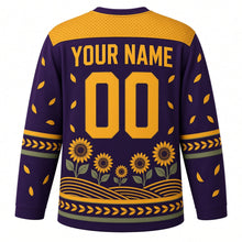 Load image into Gallery viewer, Sunflower Fields Original Hockey Jersey in Twilight Plum, back view with your name and number – seed-dot yoke and petal-chevron sleeve stripes