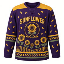 Load image into Gallery viewer, Sunflower Fields Original Hockey Jersey in Twilight Plum, front view – stylized sunflowers over a rolling field with sunflower crest, custom name and number