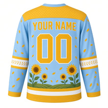 Load image into Gallery viewer, Sunflower Fields Original Hockey Jersey in Summer Sky, back view with your name and number – seed-dot yoke and petal-chevron sleeve stripes