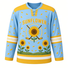 Load image into Gallery viewer, Sunflower Fields Original Hockey Jersey in Summer Sky, front view – stylized sunflowers over a rolling field with sunflower crest, custom name and number