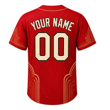 Load image into Gallery viewer, Supper Club Old Fashioned Milwaukee Baseball Jersey in Maraschino Red, back view with your name and number – art-deco neon and wood-grain trim on sleeves