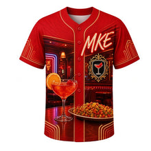 Load image into Gallery viewer, Supper Club Old Fashioned Milwaukee Baseball Jersey in Maraschino Red, front view – brandy old fashioned, relish tray, wood paneling and neon, custom name and number