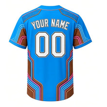 Load image into Gallery viewer, Supper Club Old Fashioned Milwaukee Baseball Jersey in Neon Blue, back view with your name and number – art-deco neon and wood-grain trim on sleeves