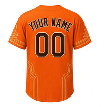 Load image into Gallery viewer, Supper Club Old Fashioned Milwaukee Baseball Jersey in Orange Peel, back view with your name and number – art-deco neon and wood-grain trim on sleeves