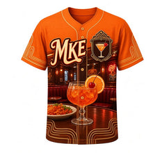 Load image into Gallery viewer, Supper Club Old Fashioned Milwaukee Baseball Jersey in Orange Peel, front view – brandy old fashioned, relish tray, wood paneling and neon, custom name and number