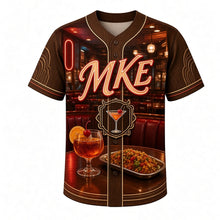 Load image into Gallery viewer, Supper Club Old Fashioned Milwaukee Baseball Jersey in Walnut Paneling Brown, front view – brandy old fashioned, relish tray, wood paneling and neon, custom name and number